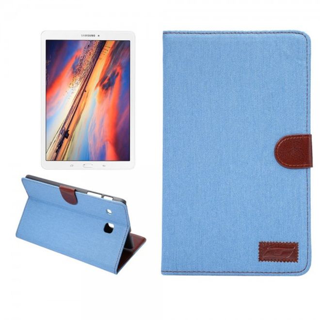 Samsung Galaxy Tab E 8.0 Leder Cover Hülle mit stoffartiger Oberfläche im Jeanslook - hellblau
