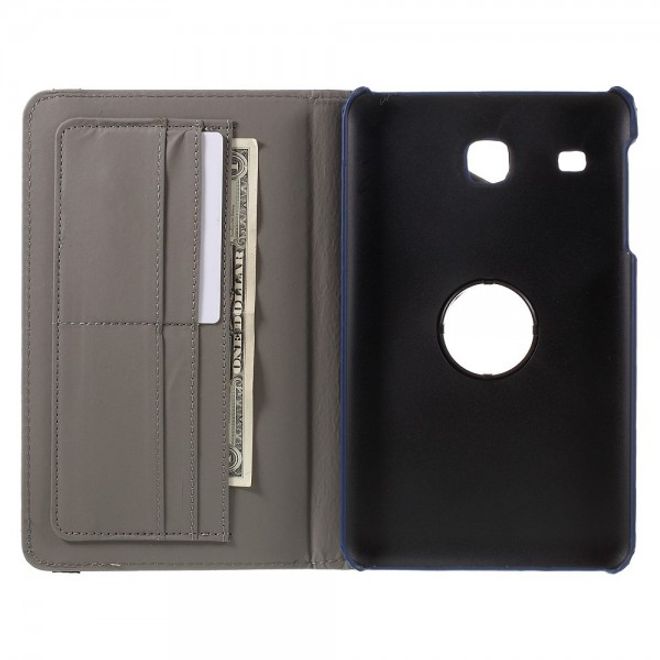 Samsung Galaxy Tab E 8.0 Rotierbare Leder Cover Hülle mit stoffartiger Textur und Standfunktion - dunkelblau