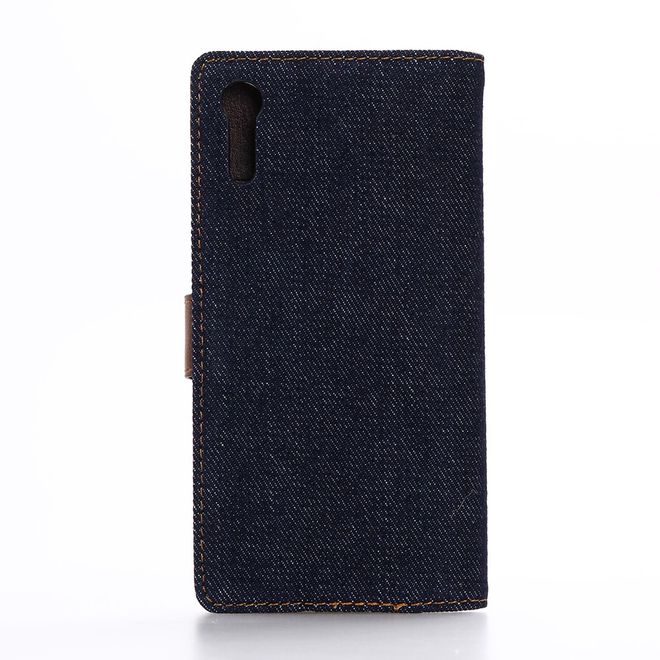 Sony Xperia XZ/XZs Handyhülle - Cover aus Leder/Stoff - im Jeans Look - mit Standfunktion - schwarz/blau