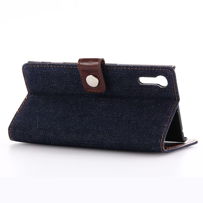 Sony Xperia XZ/XZs Handyhülle - Cover aus Leder/Stoff - im Jeans Look - mit Standfunktion - schwarz/blau
