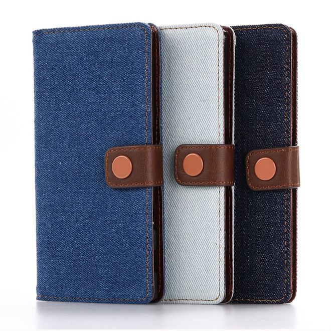 Sony Xperia XZ/XZs Handyhülle - Cover aus Leder/Stoff - im Jeans Look - mit Standfunktion - schwarz/blau