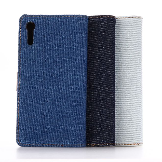 Sony Xperia XZ/XZs Handyhülle - Cover aus Leder/Stoff - im Jeans Look - mit Standfunktion - schwarz/blau