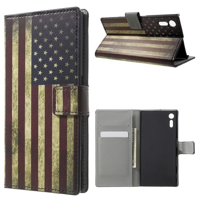 Sony Xperia XZ/XZs Handyhülle - Leder Case mit Standfunktion - USA Flagge im Retrolook