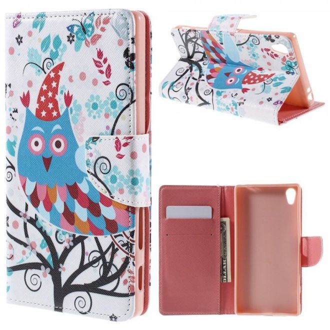 Sony Xperia Z5 Premium/Dual Robuste Leder Case Hülle mit süsser Eule auf einem Ast