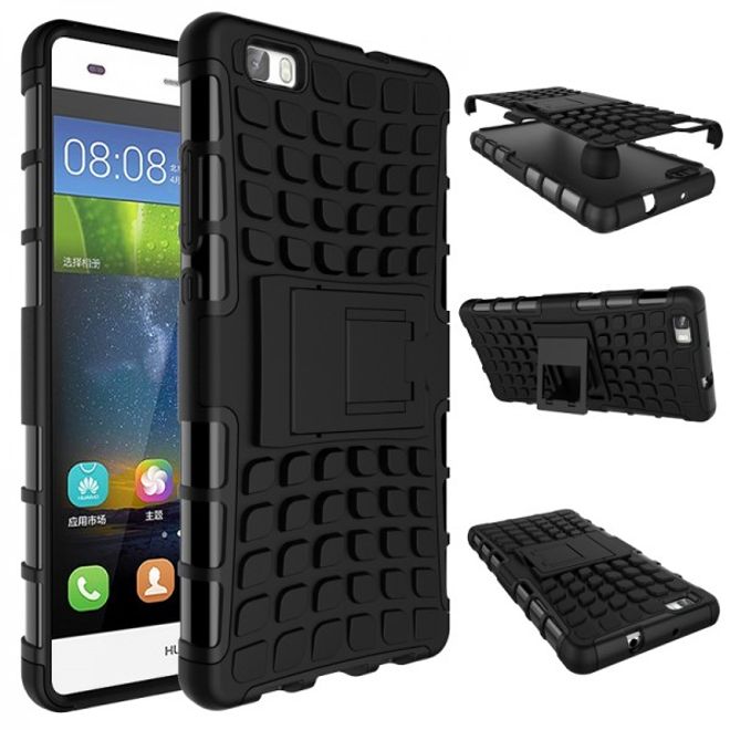 Huawei Ascend P8 Lite Robuste, teils elastische Plastik Case Hülle mit Kickstand - schwarz