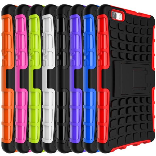 Huawei Ascend P8 Lite Robuste, teils elastische Plastik Case Hülle mit Kickstand - schwarz