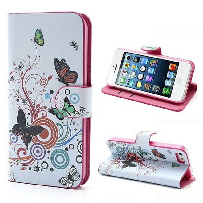 Étui magnétique en cuir pour iPhone SE/5S/5 avec papillons et motifs colorés