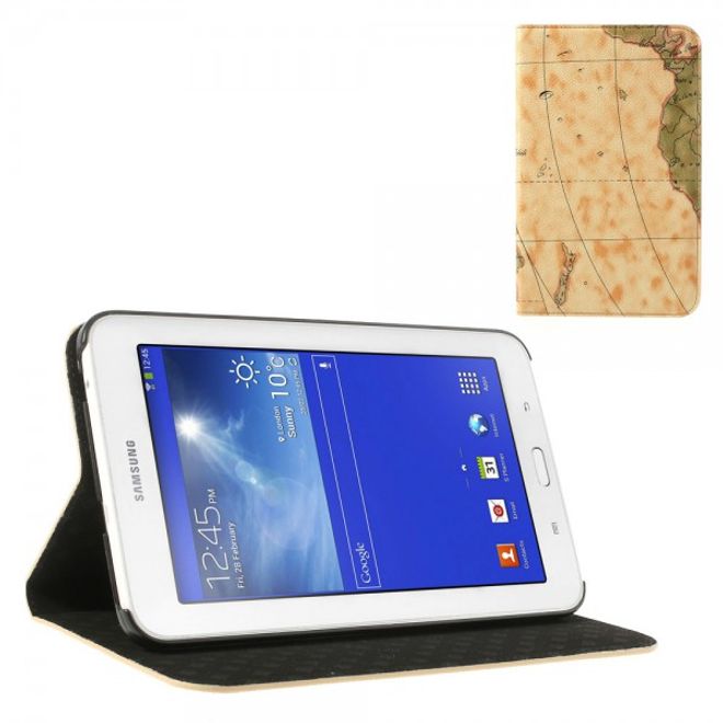 Samsung Galaxy Tab 3 7.0 Lite Leder Case mit Weltkarte - hellbraun