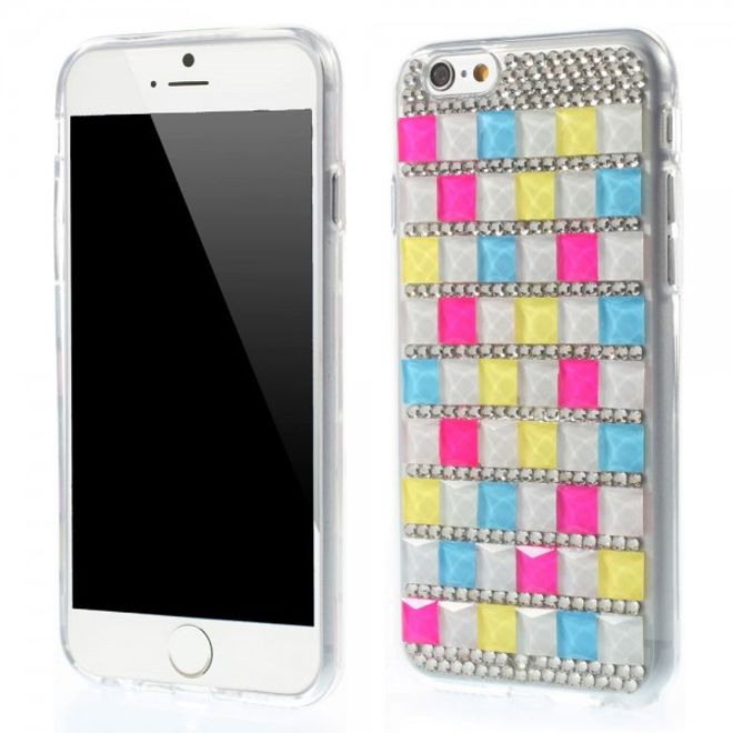 iPhone 6/6S Elastisches Plastik Case mit farbigen Quadraten und Glitzersteinen