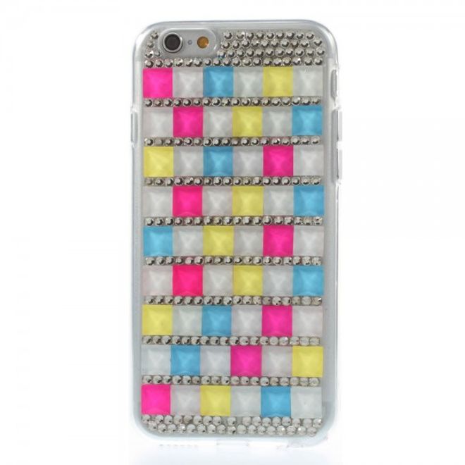 iPhone 6/6S Elastisches Plastik Case mit farbigen Quadraten und Glitzersteinen