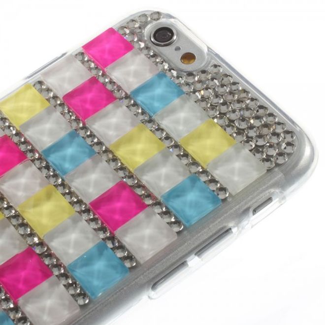 iPhone 6/6S Elastisches Plastik Case mit farbigen Quadraten und Glitzersteinen