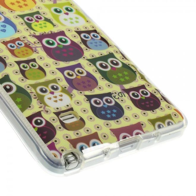 Samsung Galaxy Note 4 Elastisches, glänzendes Plastik Case mit kleinen Eulen auf gelbem Hintergrund