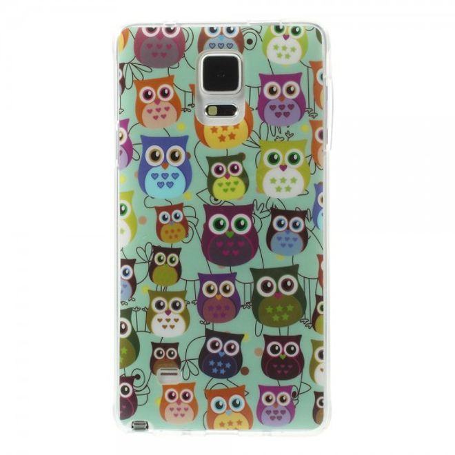 Samsung Galaxy Note 4 Elastisches, glänzendes Plastik Case mit kleinen Eulen auf cyanem Hintergrund