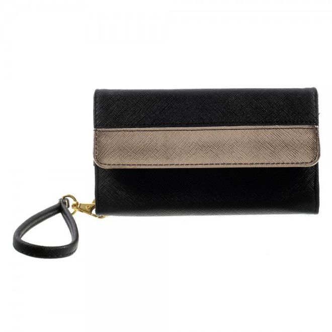 Universelles, zweifarbiges Leder Portemonnaie mit integrierter Smartphone Halterung bis 16,5x8cm - schwarz