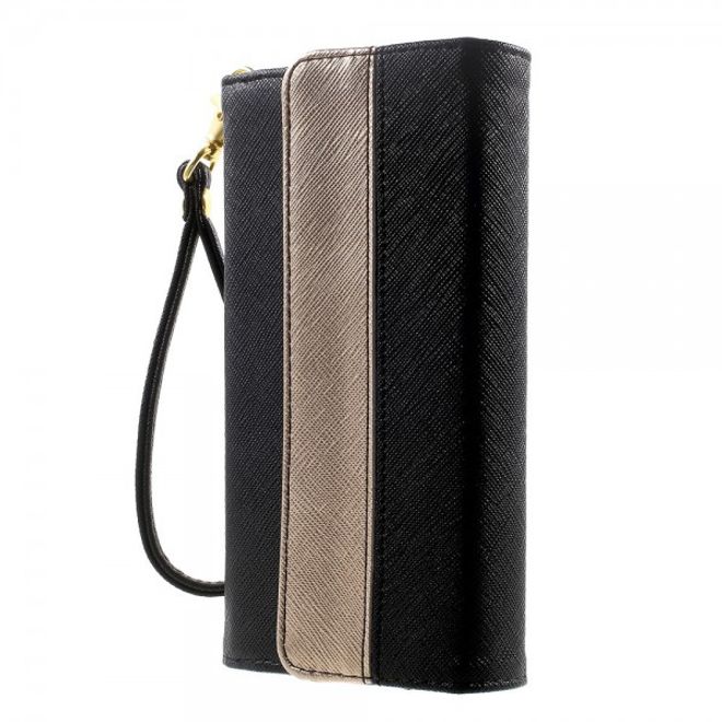 Universelles, zweifarbiges Leder Portemonnaie mit integrierter Smartphone Halterung bis 16,5x8cm - schwarz