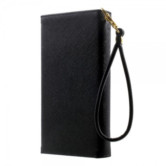 Universelles, zweifarbiges Leder Portemonnaie mit integrierter Smartphone Halterung bis 16,5x8cm - schwarz