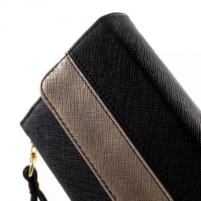 Universelles, zweifarbiges Leder Portemonnaie mit integrierter Smartphone Halterung bis 16,5x8cm - schwarz