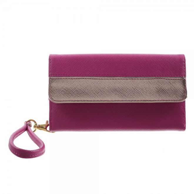 Universelles, zweifarbiges Leder Portemonnaie mit integrierter Smartphone Halterung bis 16,5x8cm - rosa