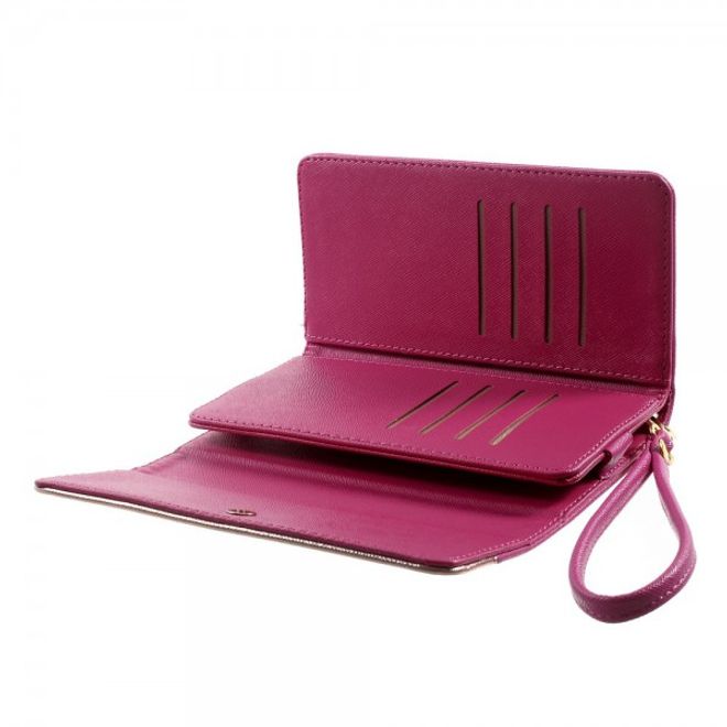 Universelles, zweifarbiges Leder Portemonnaie mit integrierter Smartphone Halterung bis 16,5x8cm - rosa