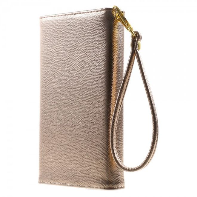 Universelles, zweifarbiges Leder Portemonnaie mit integrierter Smartphone Halterung bis 16,5x8cm - champagnerfarben