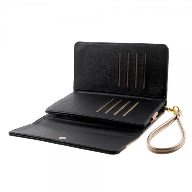 Universelles, zweifarbiges Leder Portemonnaie mit integrierter Smartphone Halterung bis 16,5x8cm - champagnerfarben