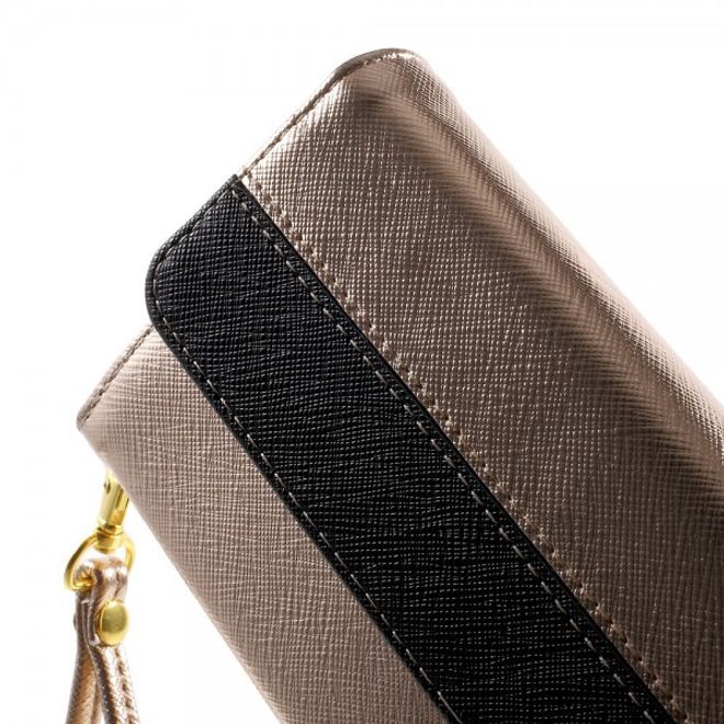 Universelles, zweifarbiges Leder Portemonnaie mit integrierter Smartphone Halterung bis 16,5x8cm - champagnerfarben