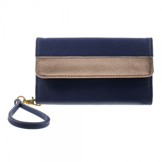 Universelles, zweifarbiges Leder Portemonnaie mit integrierter Smartphone Halterung bis 16,5x8cm - dunkelblau