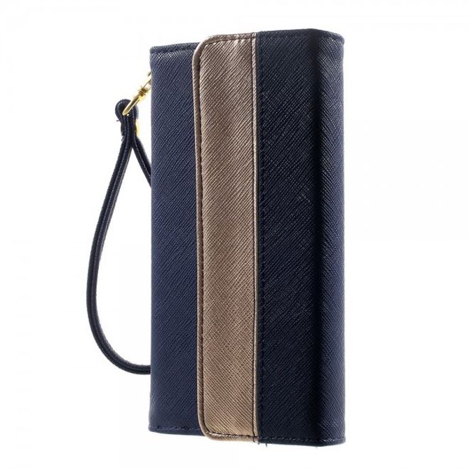Universelles, zweifarbiges Leder Portemonnaie mit integrierter Smartphone Halterung bis 16,5x8cm - dunkelblau