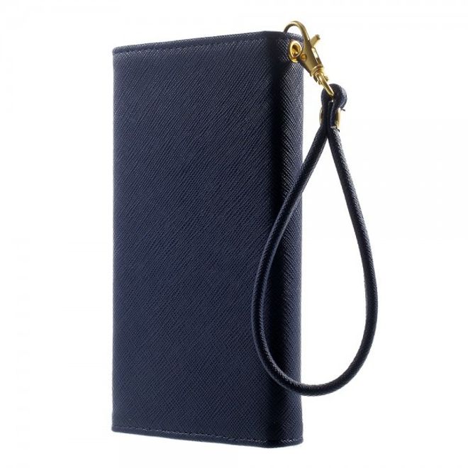 Universelles, zweifarbiges Leder Portemonnaie mit integrierter Smartphone Halterung bis 16,5x8cm - dunkelblau