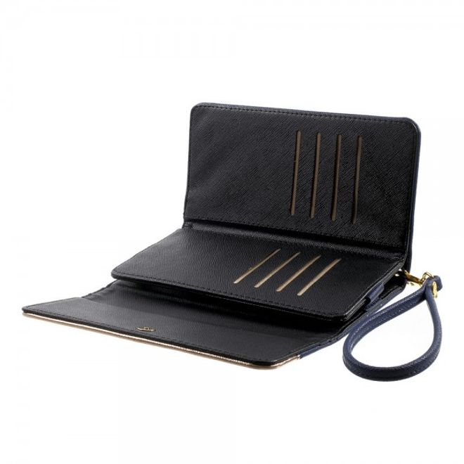 Universelles, zweifarbiges Leder Portemonnaie mit integrierter Smartphone Halterung bis 16,5x8cm - dunkelblau