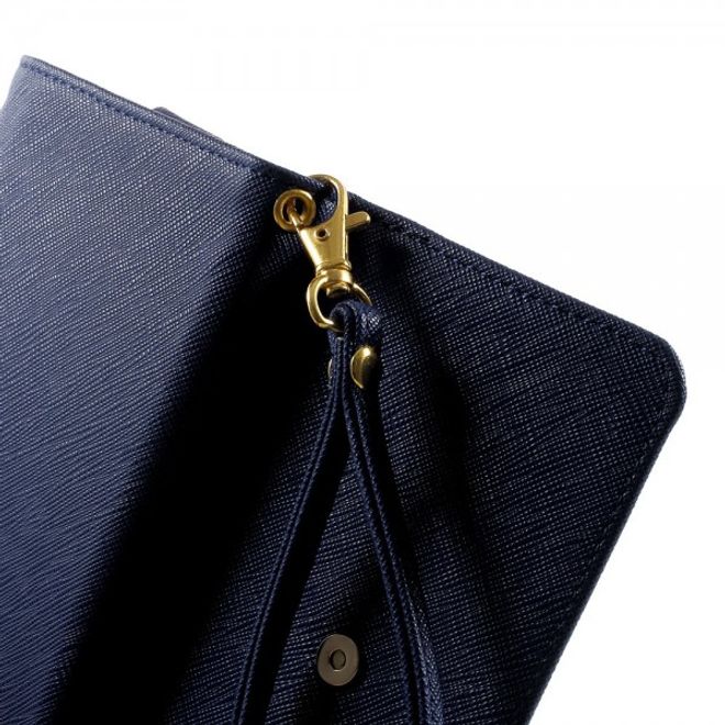 Universelles, zweifarbiges Leder Portemonnaie mit integrierter Smartphone Halterung bis 16,5x8cm - dunkelblau