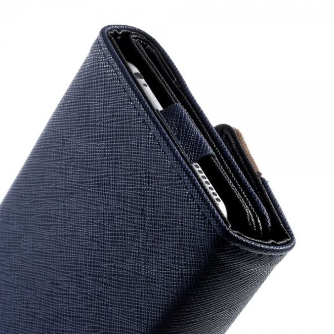 Universelles, zweifarbiges Leder Portemonnaie mit integrierter Smartphone Halterung bis 16,5x8cm - dunkelblau