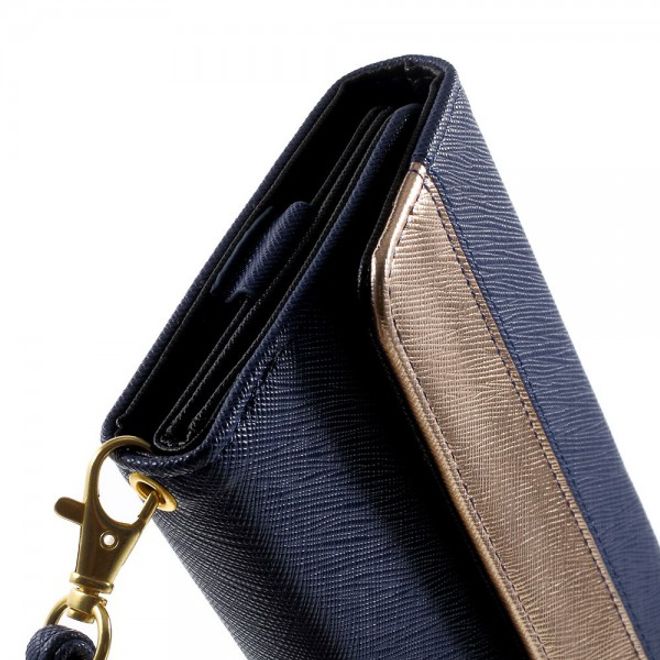 Universelles, zweifarbiges Leder Portemonnaie mit integrierter Smartphone Halterung bis 16,5x8cm - dunkelblau