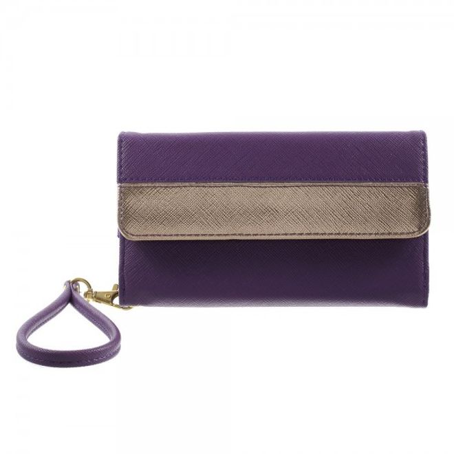 Universelles, zweifarbiges Leder Portemonnaie mit integrierter Smartphone Halterung bis 16,5x8cm - purpur