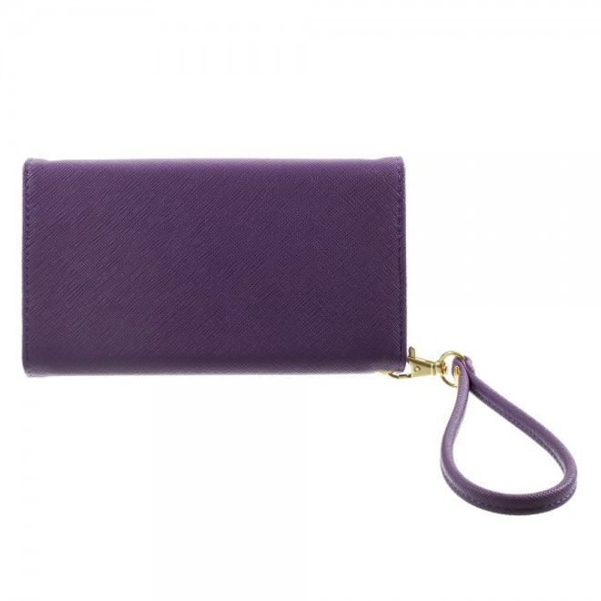 Universelles, zweifarbiges Leder Portemonnaie mit integrierter Smartphone Halterung bis 16,5x8cm - purpur