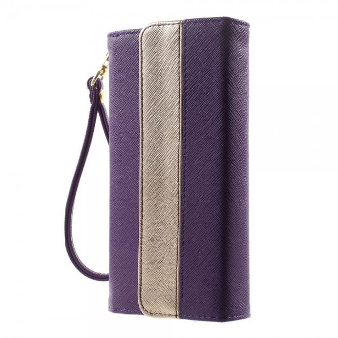 Universelles, zweifarbiges Leder Portemonnaie mit integrierter Smartphone Halterung bis 16,5x8cm - purpur