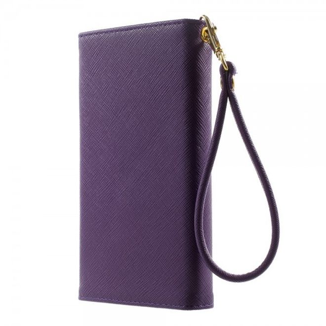 Universelles, zweifarbiges Leder Portemonnaie mit integrierter Smartphone Halterung bis 16,5x8cm - purpur