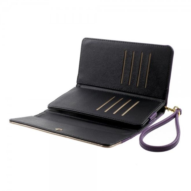 Universelles, zweifarbiges Leder Portemonnaie mit integrierter Smartphone Halterung bis 16,5x8cm - purpur