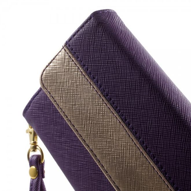 Universelles, zweifarbiges Leder Portemonnaie mit integrierter Smartphone Halterung bis 16,5x8cm - purpur