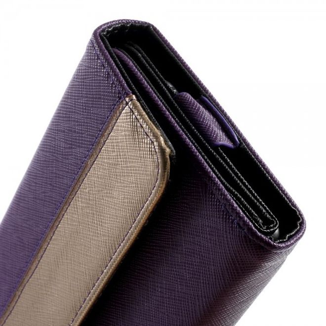 Universelles, zweifarbiges Leder Portemonnaie mit integrierter Smartphone Halterung bis 16,5x8cm - purpur