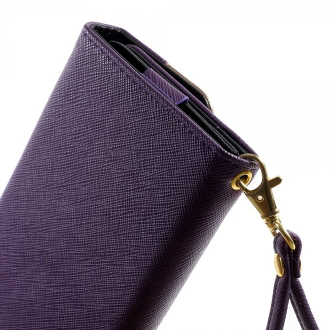 Universelles, zweifarbiges Leder Portemonnaie mit integrierter Smartphone Halterung bis 16,5x8cm - purpur