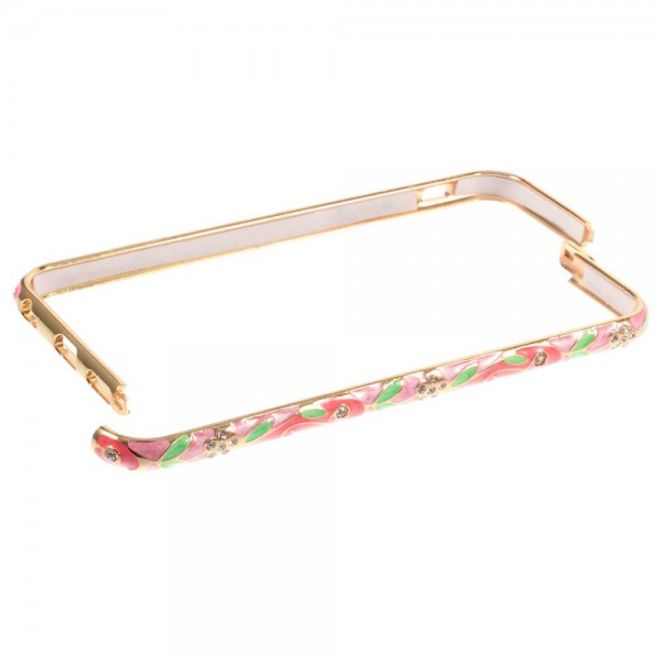 Coque en métal pour iPhone 6/6S avec strass et motif floral - rose