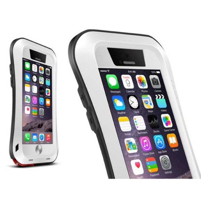 Coque LOVE MEI ultra-résistante et fine en métal, silicone et verre trempé pour iPhone 6/6S - blanche