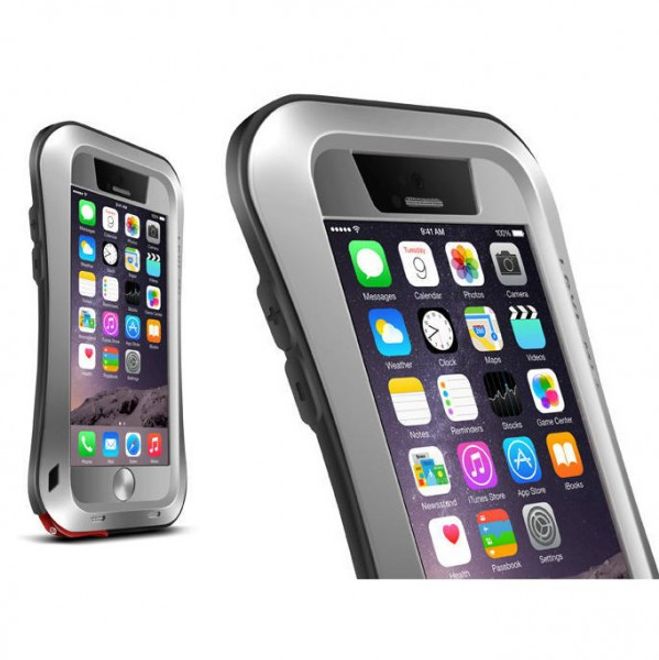 iPhone 6/6S LOVE MEI Ultrarobustes, dünnes Metall, Silikon und gehärtetes Glas Cover - silber