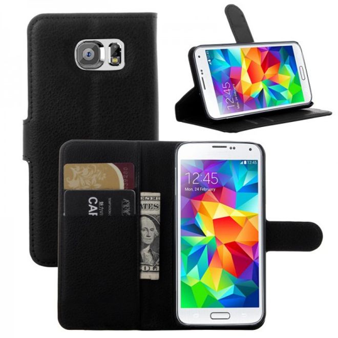 Samsung Galaxy S6 Leder Case mit Litchimuster mit Standfunktion - schwarz