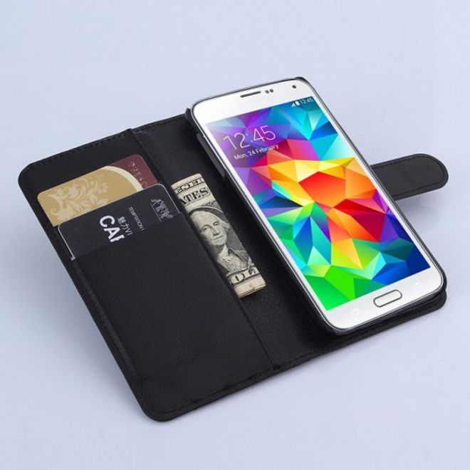 Samsung Galaxy S6 Leder Case mit Litchimuster mit Standfunktion - schwarz