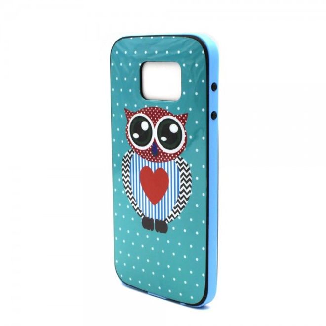 Samsung Galaxy S6 Hart Plastik Case mit farbigem Rahmen und Eule mit Herz