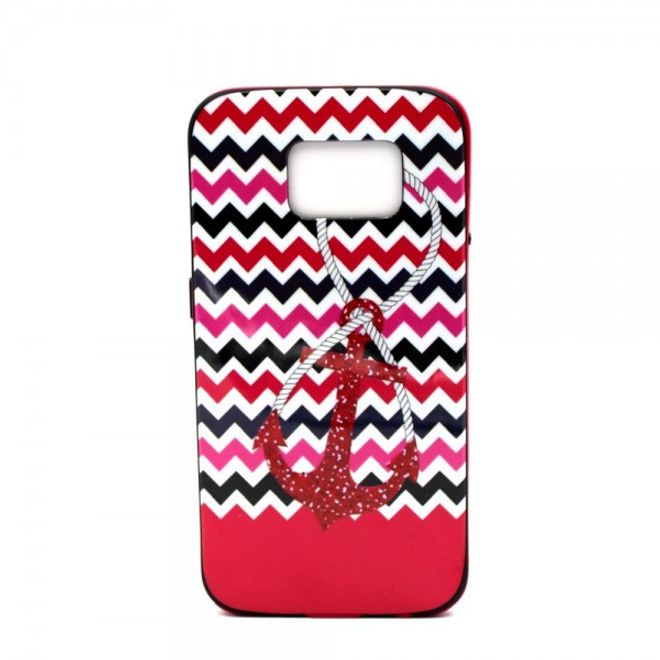 Samsung Galaxy S6 Hart Plastik Case mit farbigem Rahmen und Anker und Streifen