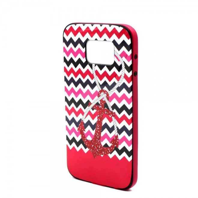 Samsung Galaxy S6 Hart Plastik Case mit farbigem Rahmen und Anker und Streifen