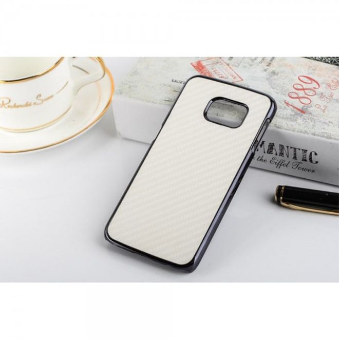 Galaxy S6 Edge Hart Plastik Case mit lederartiger Oberfläche und Karbonmuster - weiss